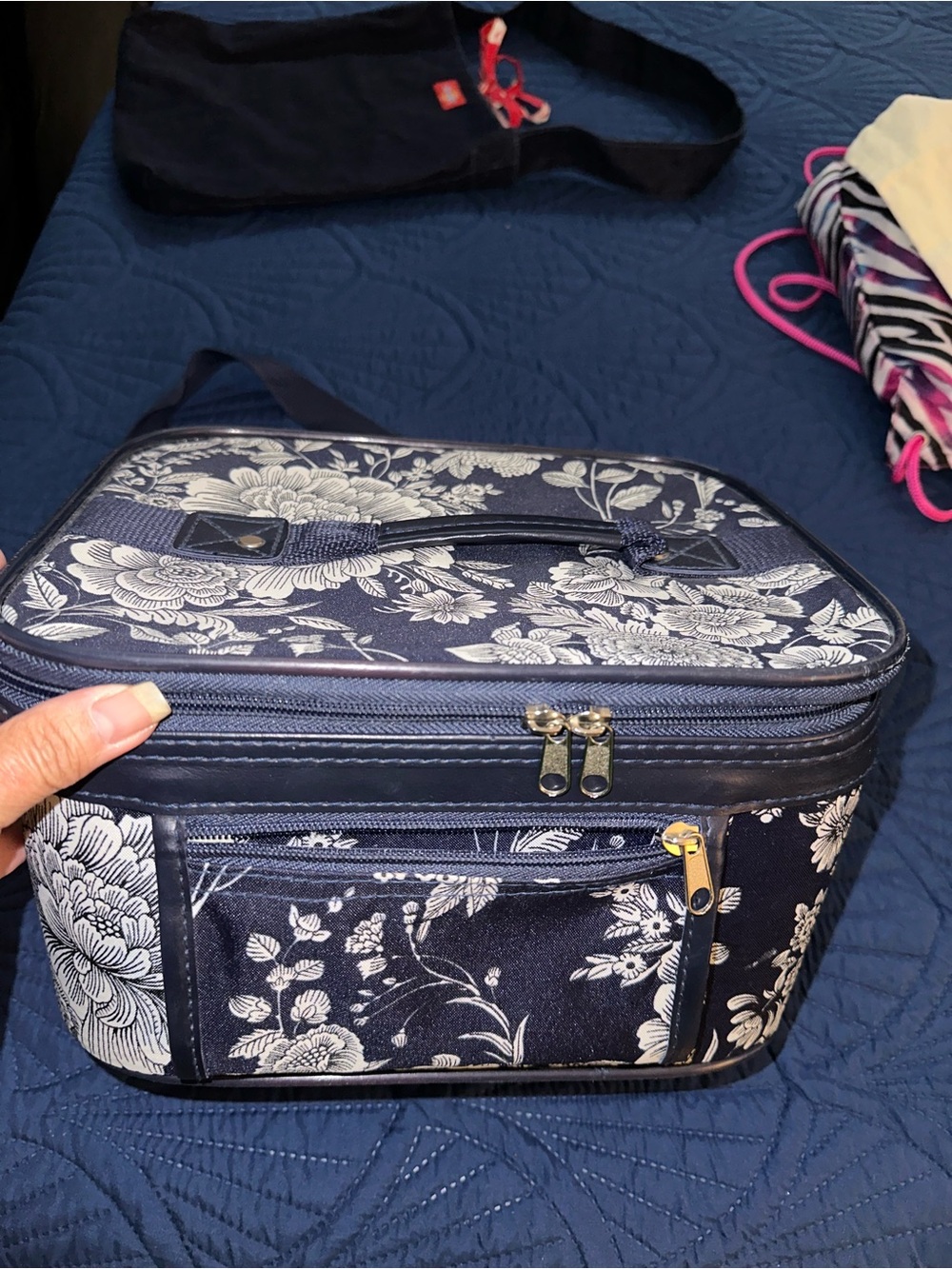 Navy Floral make up Bag with Front Pocket